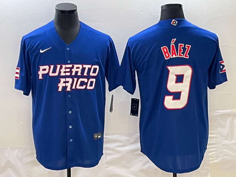 Men's Puerto Rico Baseball #9 Javier B??ez 2023 Royal World Baseball Classic Stitched Jersey